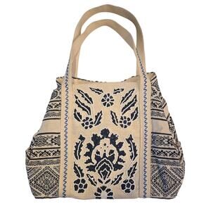 No Name Cute Fabric Shoulder Bag Navy/Beige 3-Big Pockets 1-Zips 1-Side Beaded